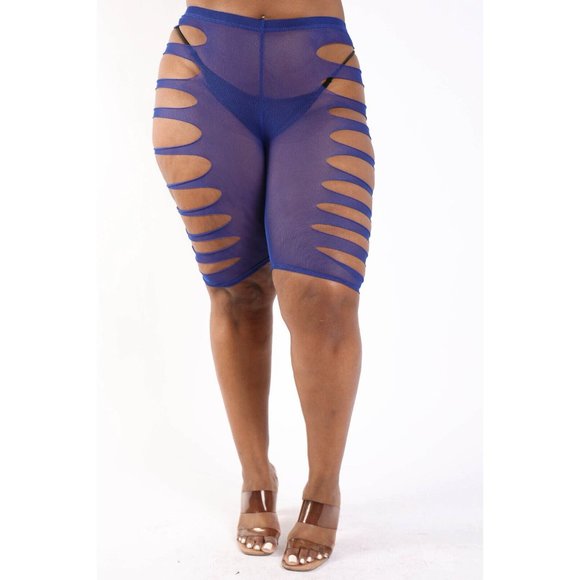 Pants - Women's Laser Cut Power Mesh Shorts Strappy Cut Out Elastic Waist